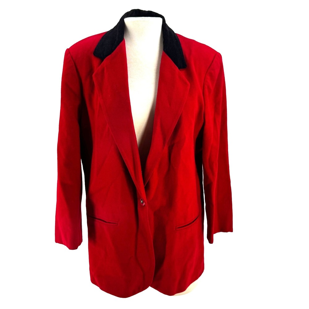 Vintage Sag Harbor 100% Pure Wool Jacket Blazer Women's 14 Red Black Velvet Trim
